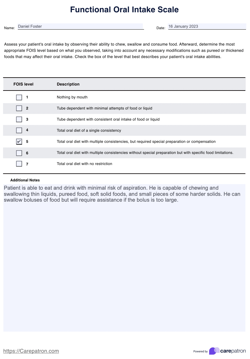 Functional Oral Intake Scale example (sample)