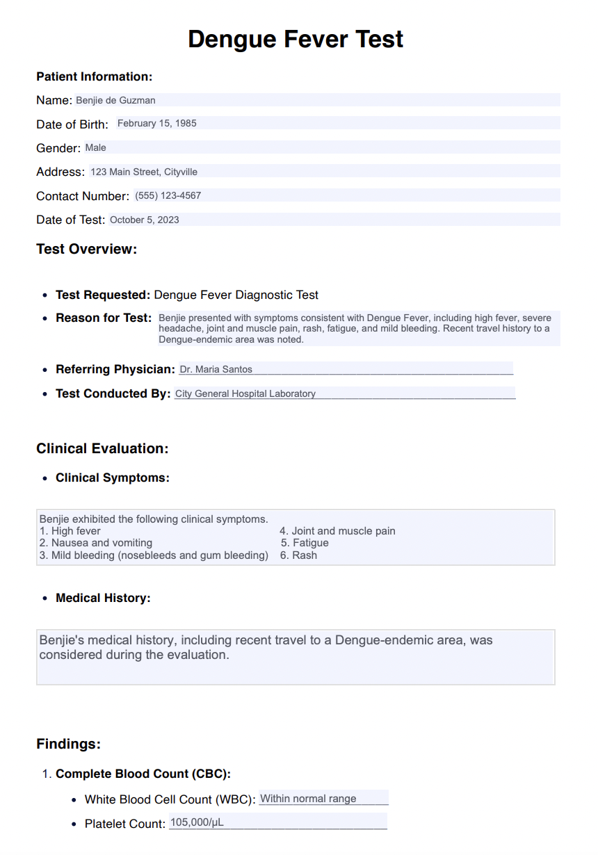 Dengue Fever Test Example (Sample)
