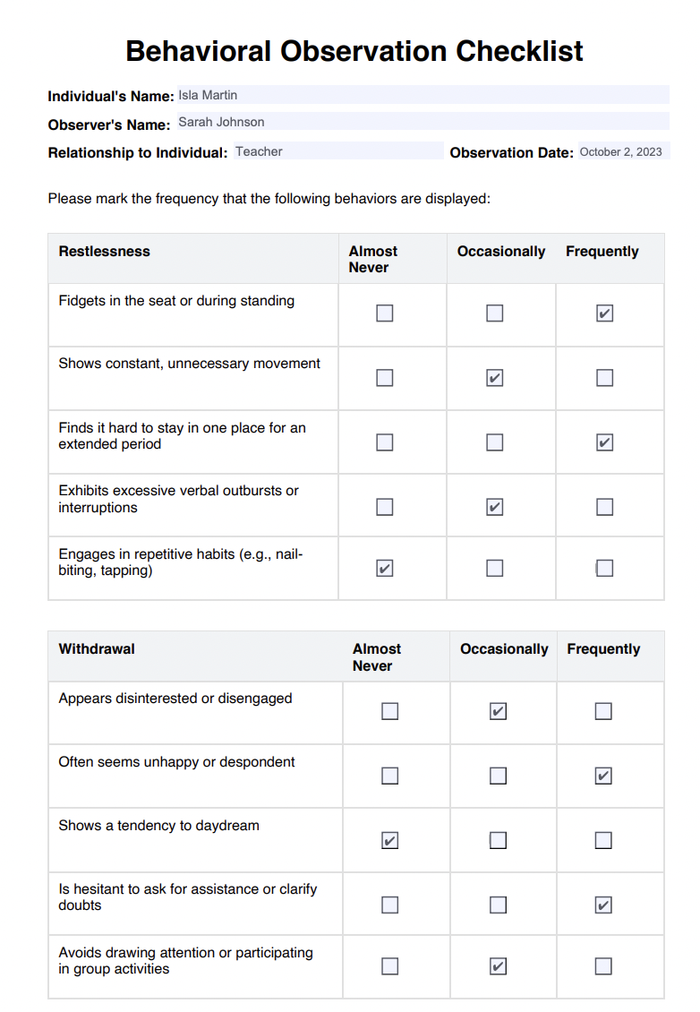 Behavioral Checklists Example (sample)