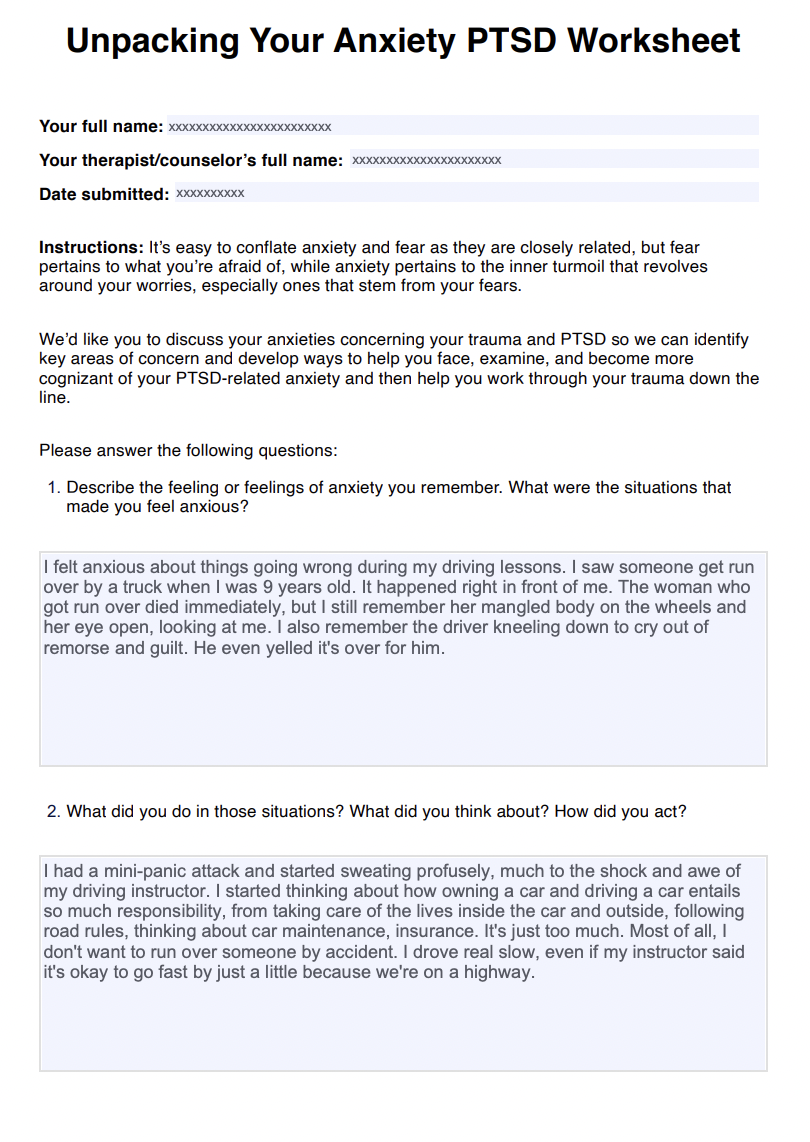 Unpacking Your Anxiety PTSD Worksheet Example