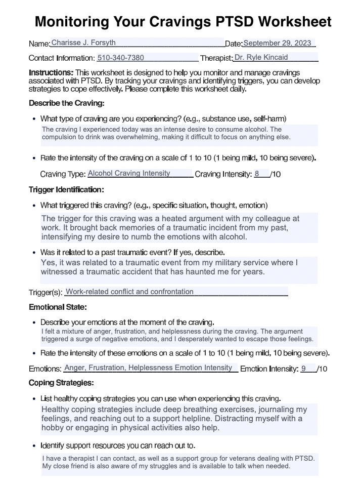 Monitoring Your Cravings PTSD Worksheet Example