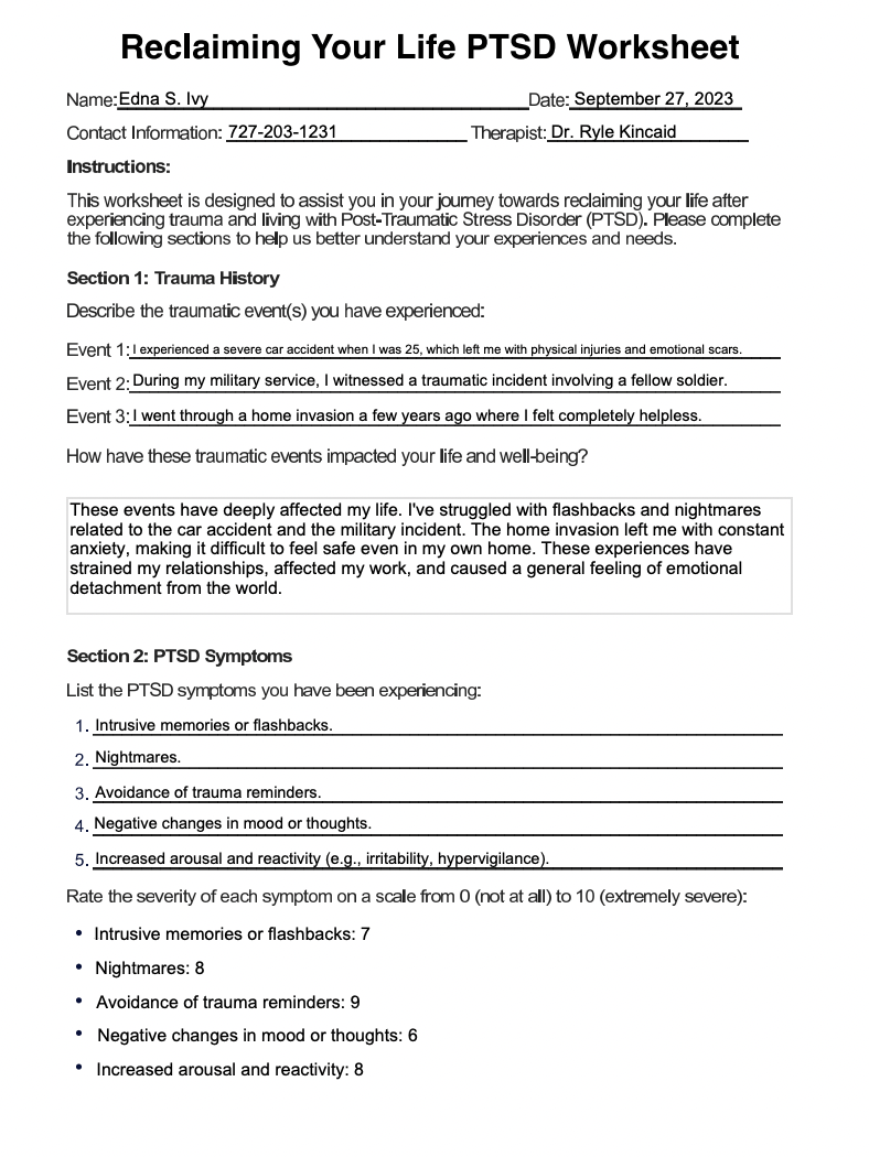 Reclaiming Your Life PTSD Worksheet Example