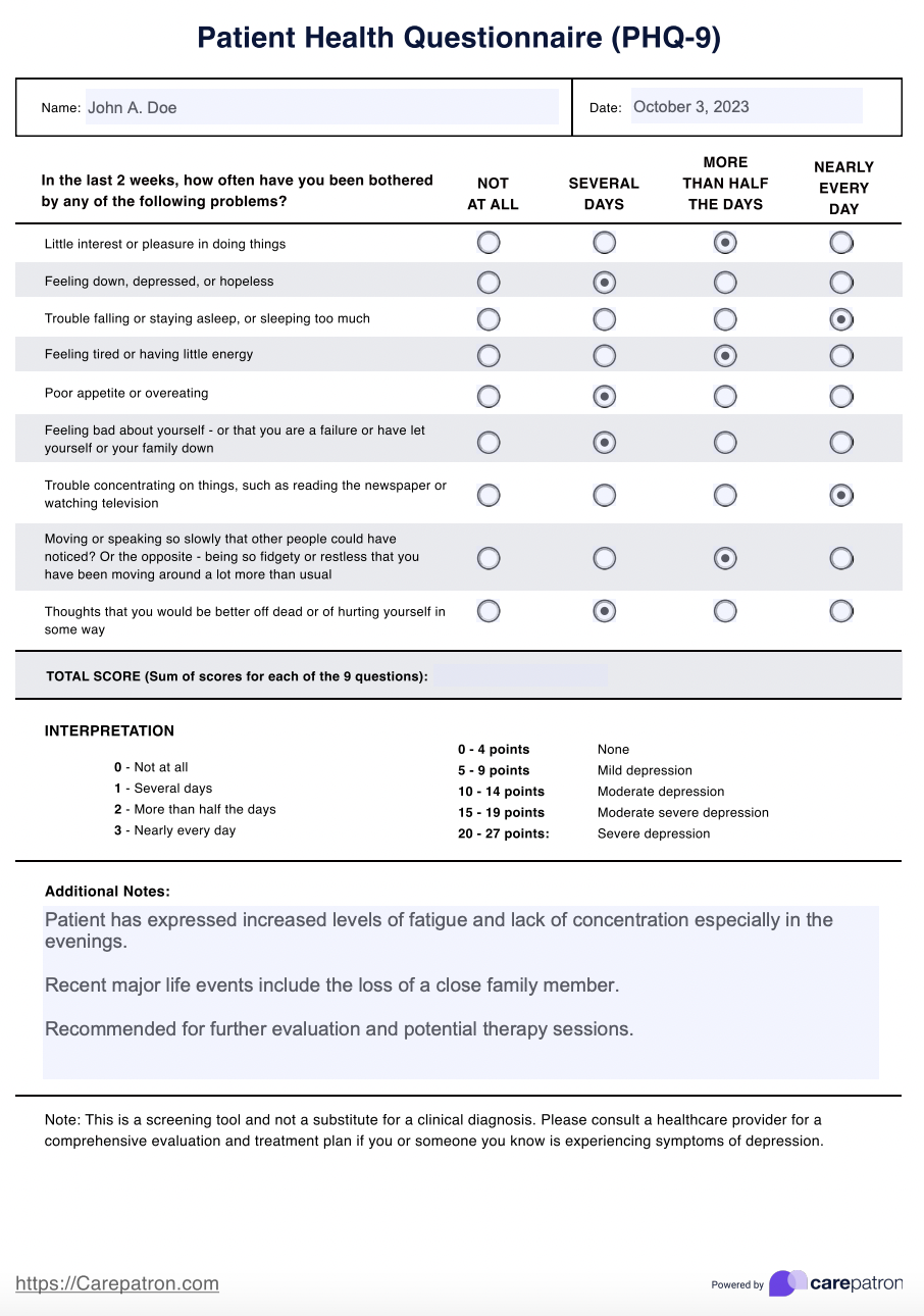 PHQ 9 Scoring Example (sample)