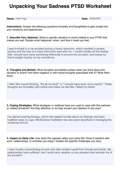 Unpacking Your Sadness PTSD Worksheet Example