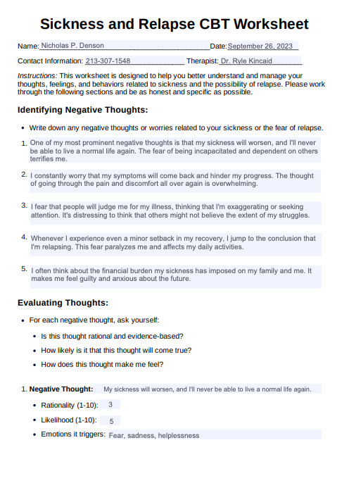 Sickness and Relapse CBT Worksheet Example