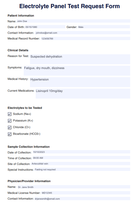 Electrolyte Panel Test Example (sample)