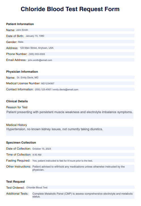 Chloride Blood Test Example (sample)