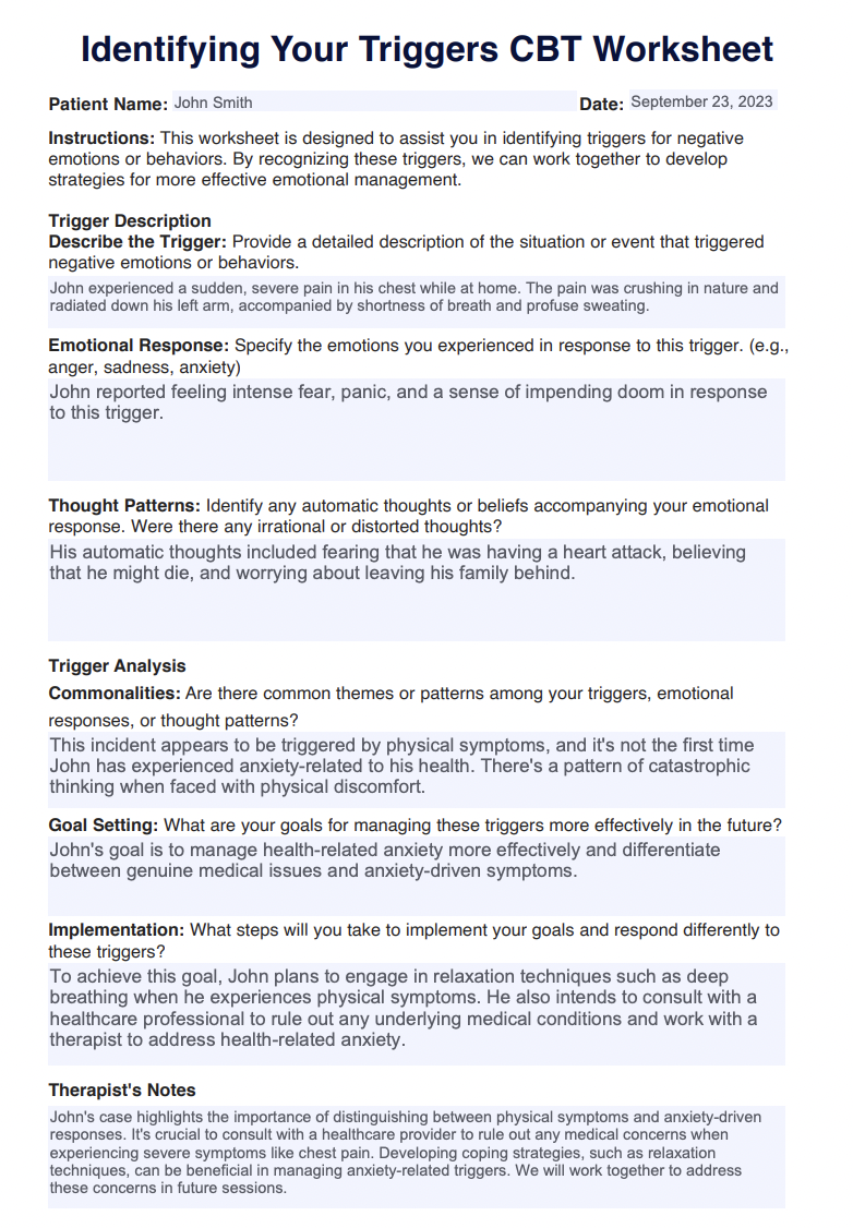 Identifying Your Triggers CBT Worksheet Example