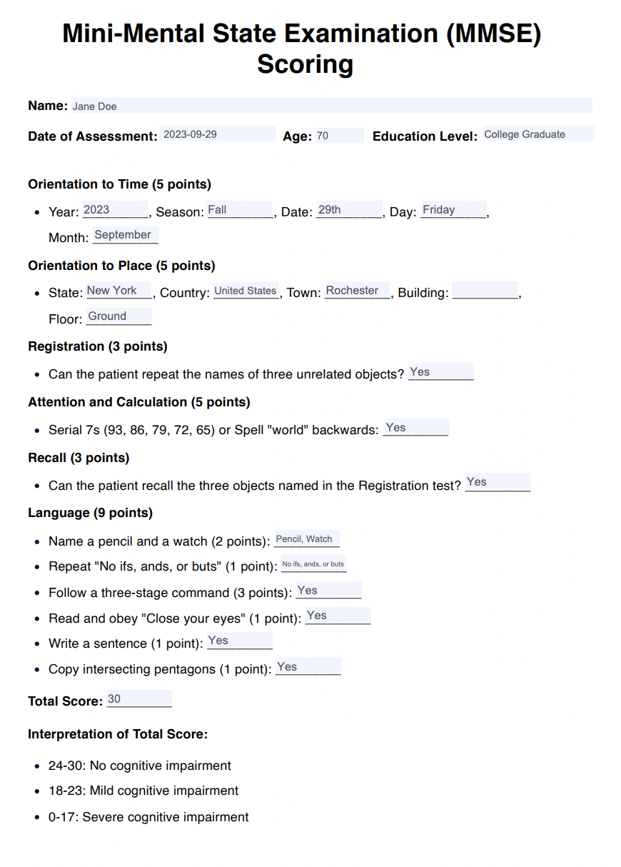 MMSE Scoring Example (Sample)