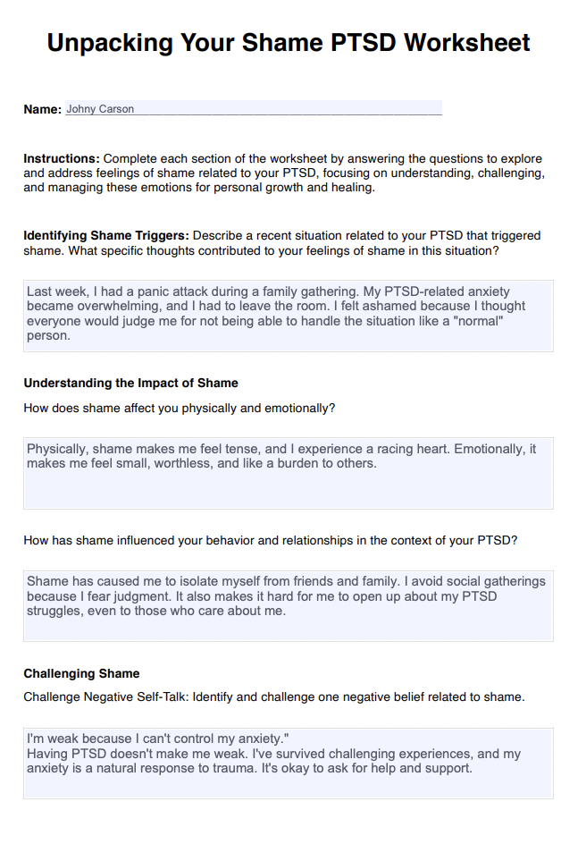 Unpacking Your Shame PTSD Worksheet Example
