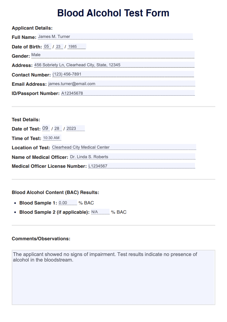 Blood Alcohol Test Example (sample)