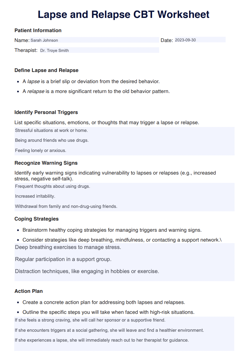 Lapse and Relapse CBT Worksheet Example