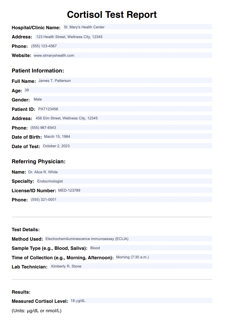 Cortisol Test Example (sample)
