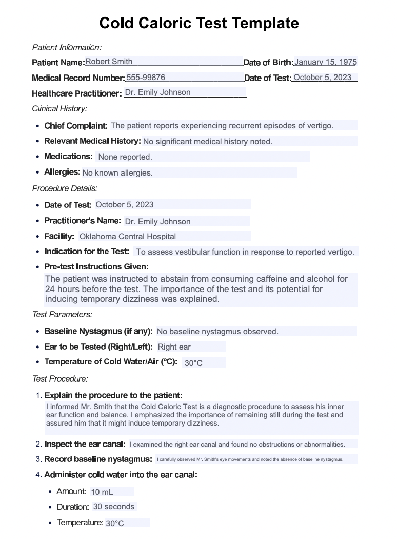 Cold Caloric Test Example (sample)
