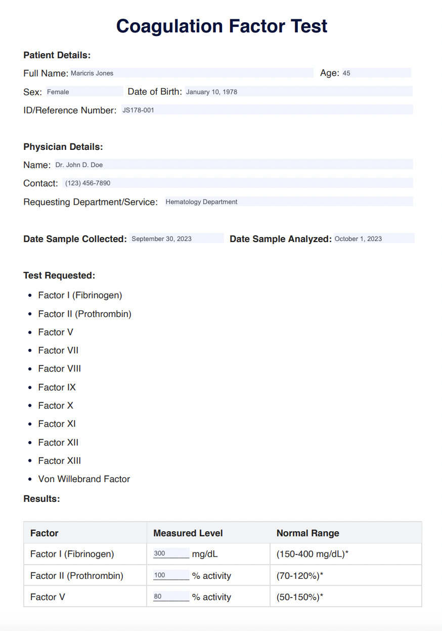 Coagulation Factor Test Example (sample)