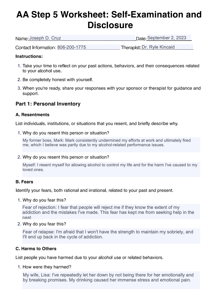 AA Step 5 Worksheets Example (Sample)