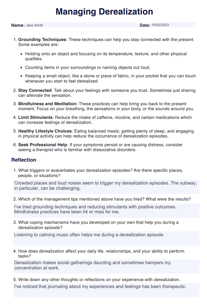 Describe Your Derealization Experiences PTSD Worksheet