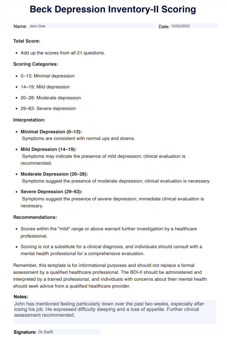 Beck Depression Inventory Scoring Example