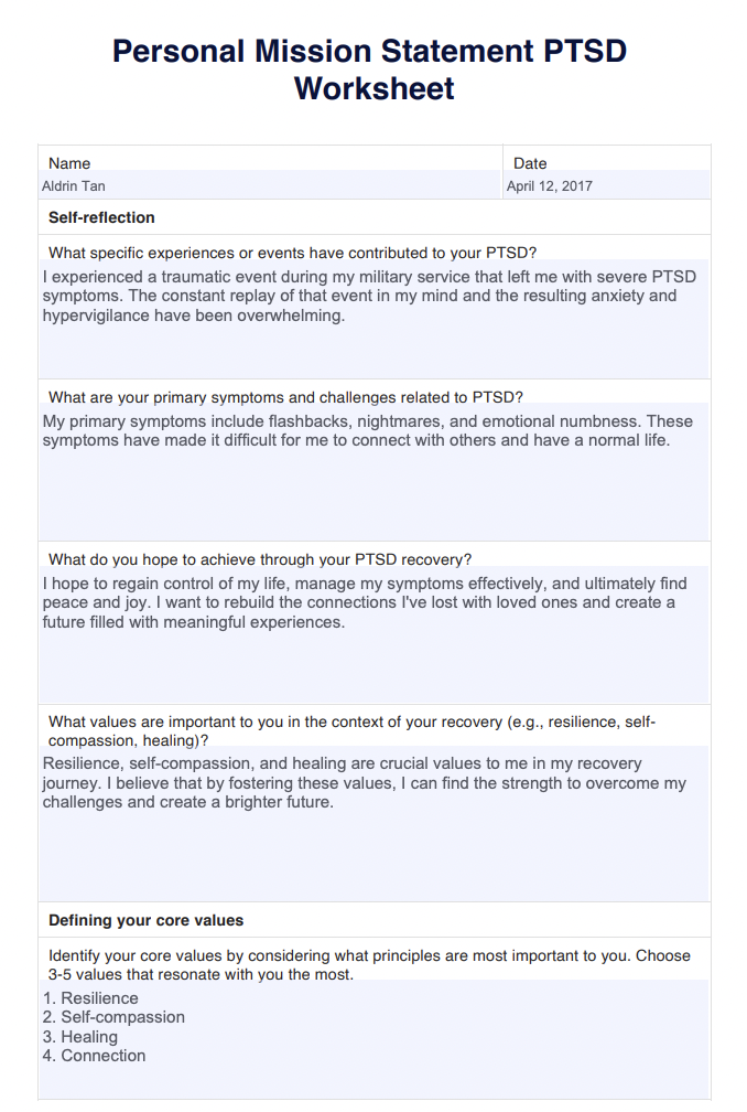 Personal Mission Statement PTSD Worksheet Example