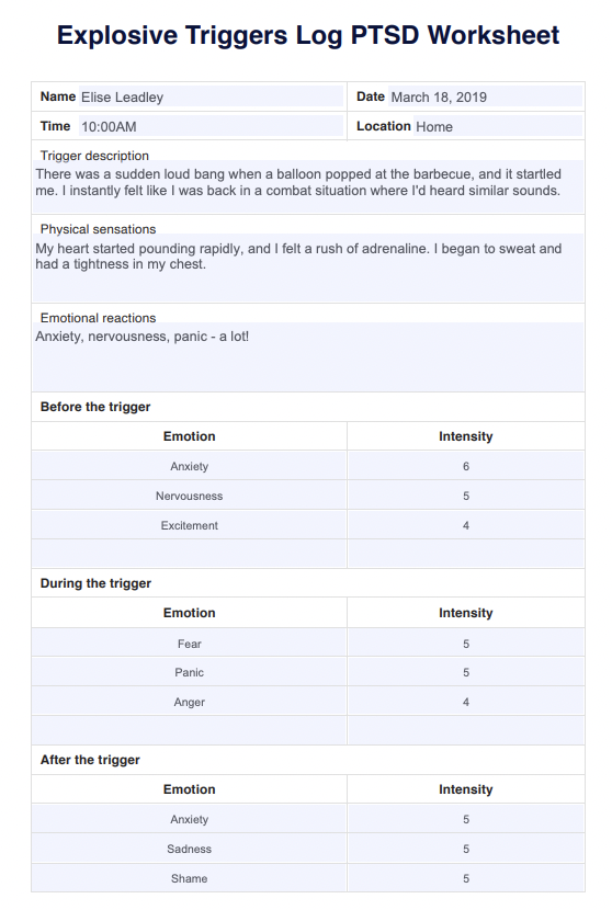 Explosive Triggers Log PTSD Worksheet Example