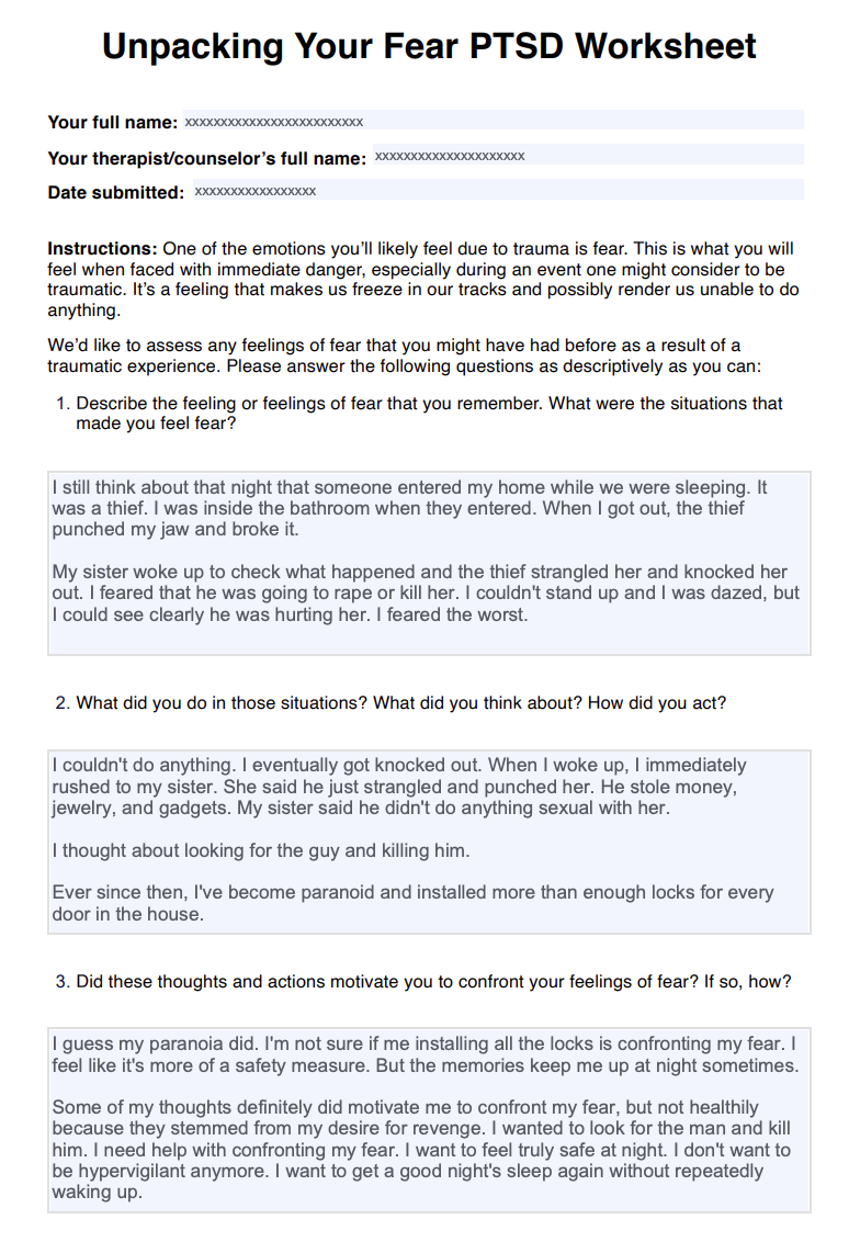 Unpacking Your Fear PTSD Worksheet Example: