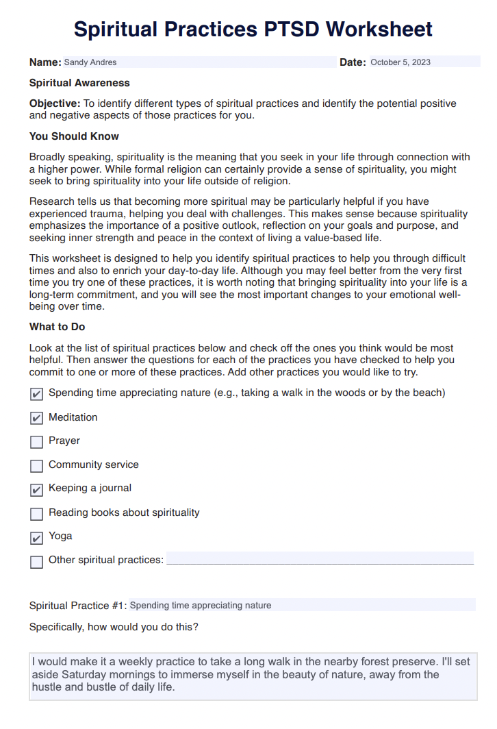 Spiritual Practices PTSD Worksheet Example