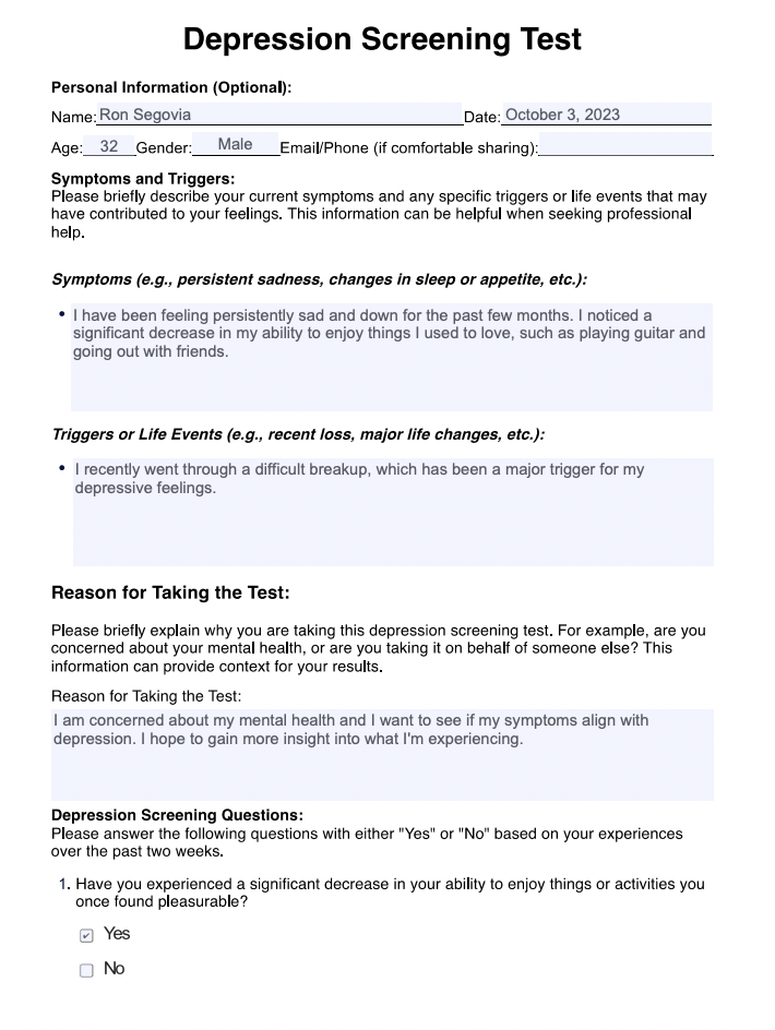 Depression Screening Test Example (sample)