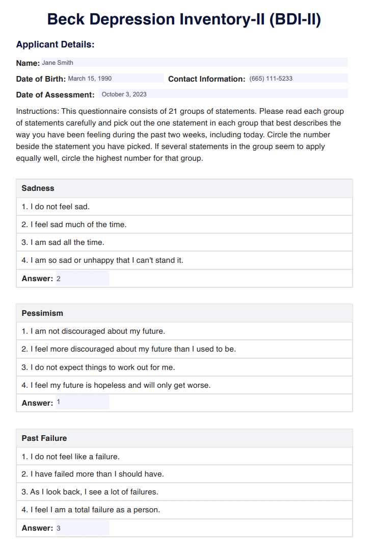 Beck Depression Inventory 2 Scoring Example (Sample)