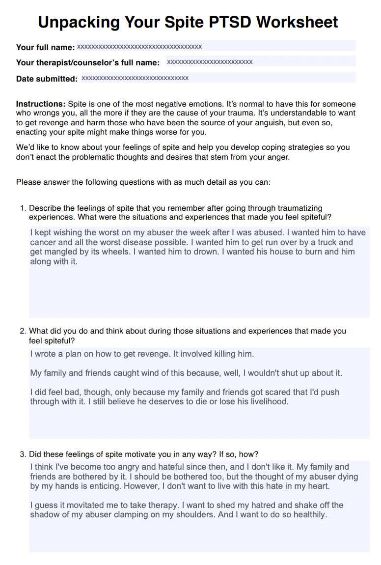 Unpacking Your Spite PTSD Worksheet Example