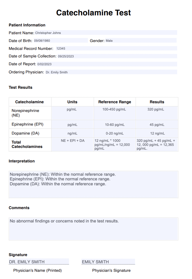 Catecholamine Test Example (sample)