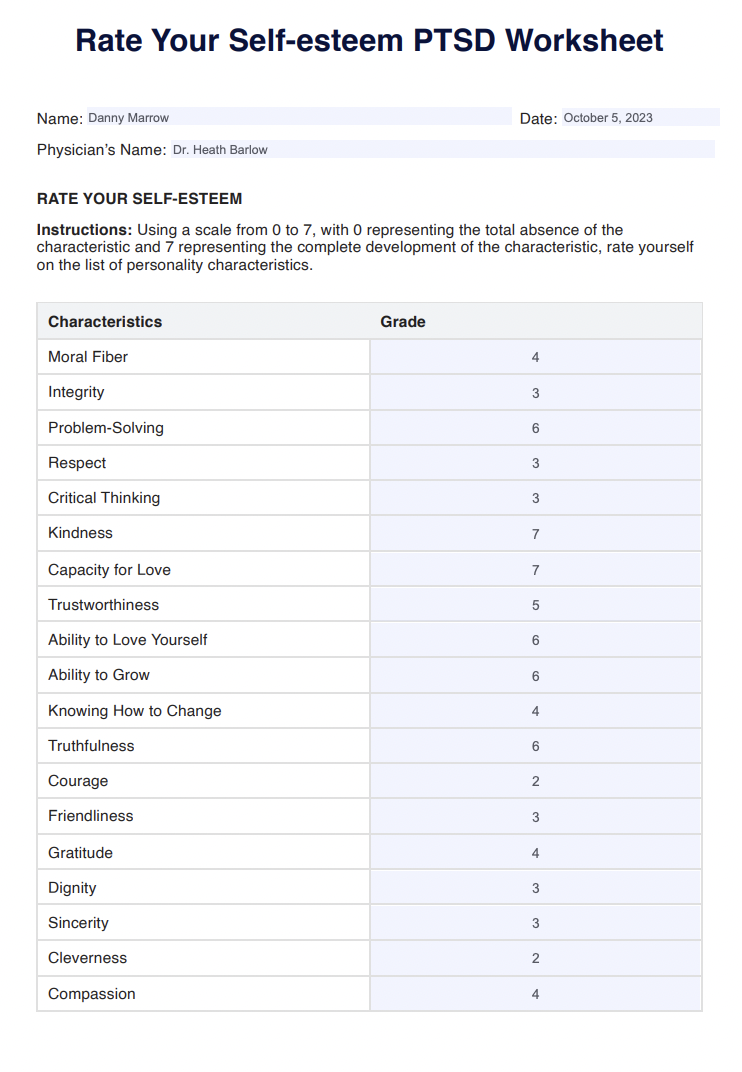 Rate Your Self-esteem PTSD Worksheet Example