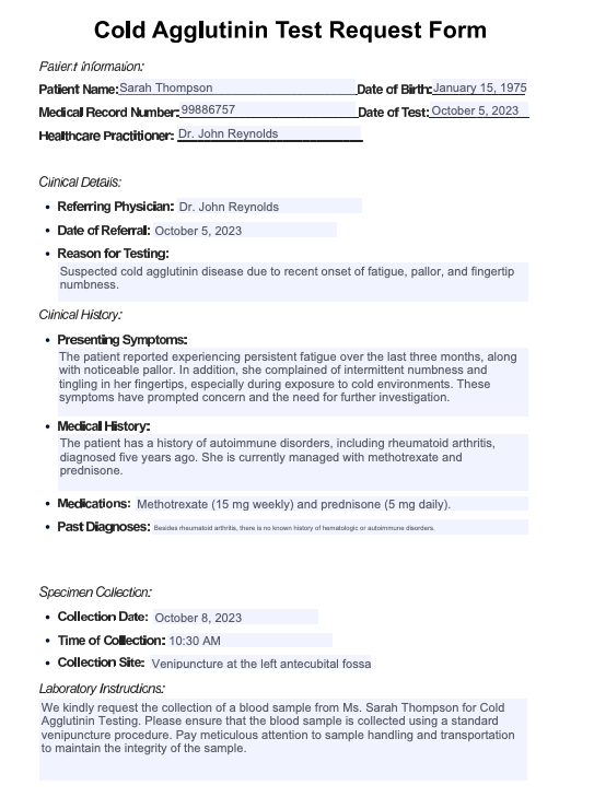 Cold Agglutinin Test Example (sample)