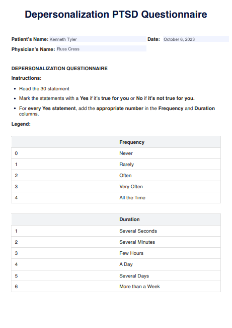 Depersonalization PTSD Questionnaire Example