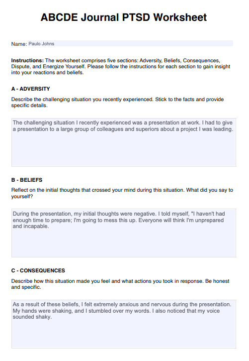 ABCDE Journal PTSD Worksheet Example