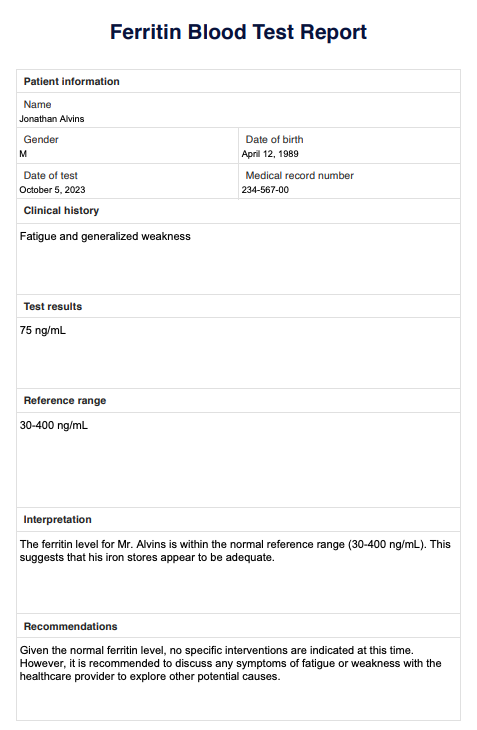 Ferritin Blood Test Report Example (sample)