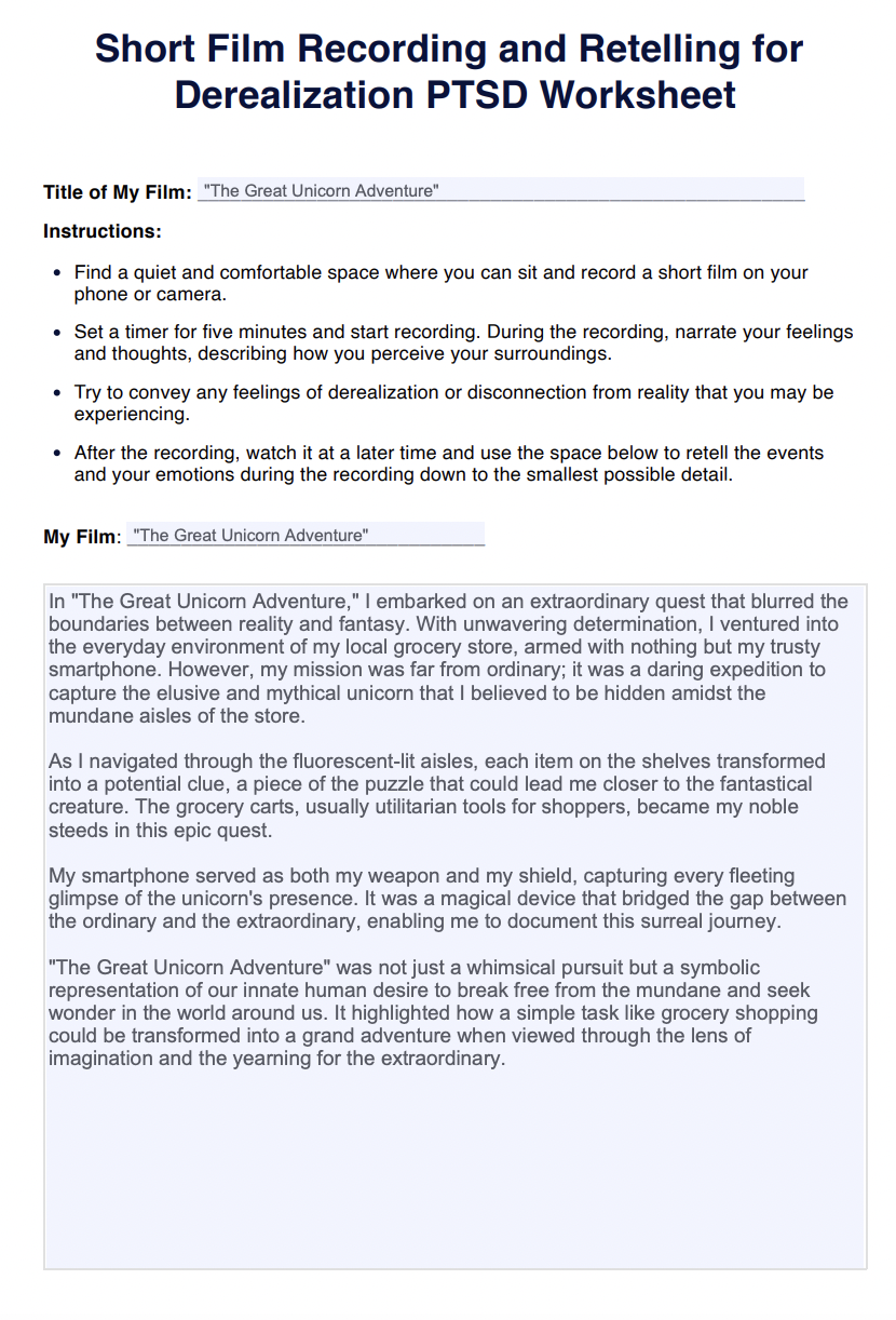 Short Film Recording and Retelling for Derealization PTSD Worksheet Example