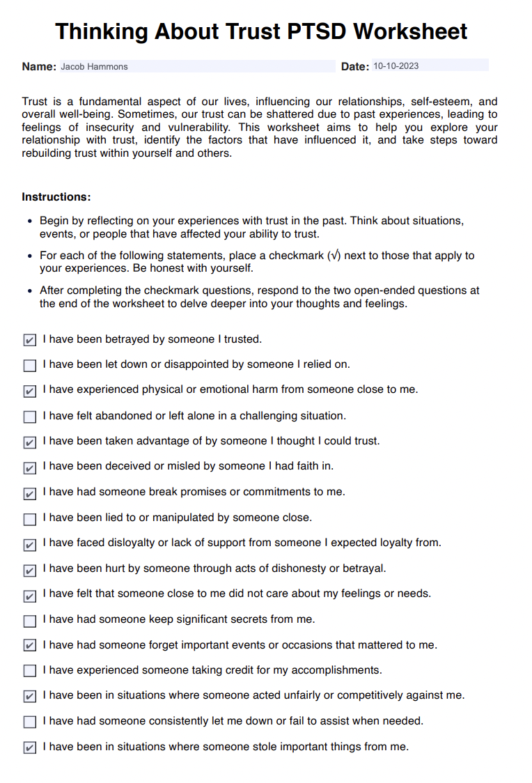 Thinking About Trust PTSD Worksheet Example