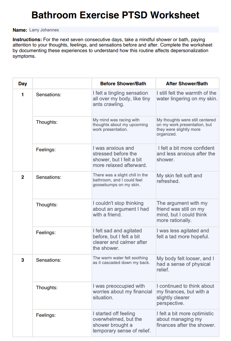 Bathroom Exercise PTSD Worksheet Example
