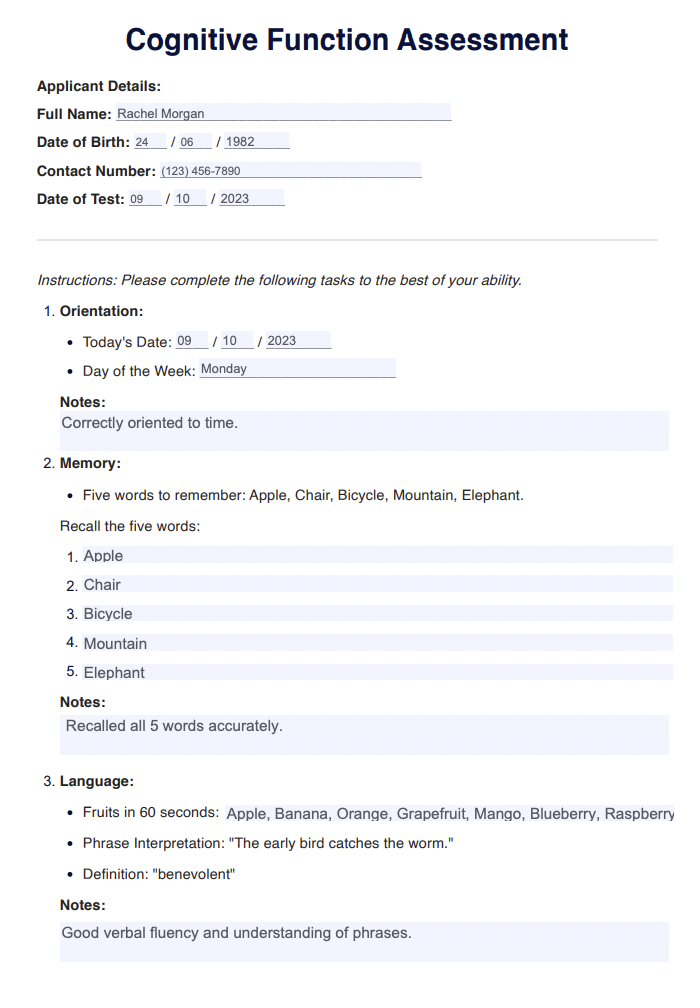 Cognitive Function Test Example (sample)