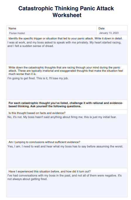 Catastrophic Thinking Panic Attack Worksheet Example