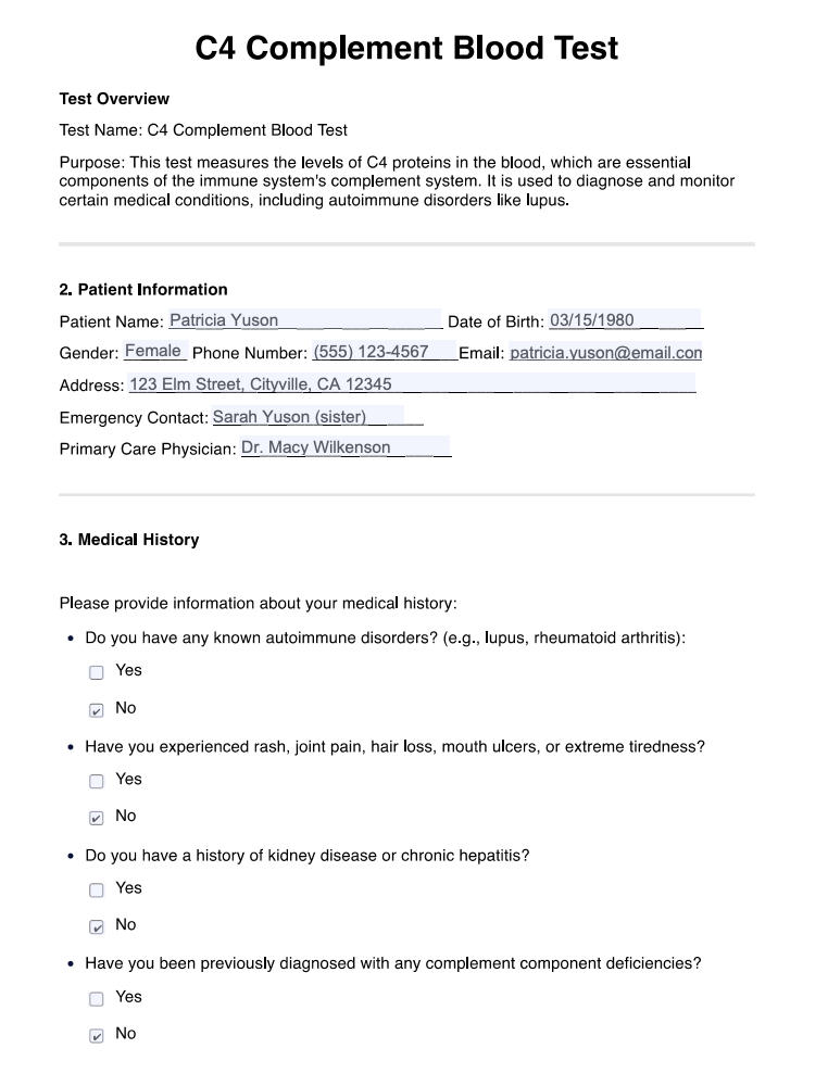 C4 Complement Blood Test Example (Sample)