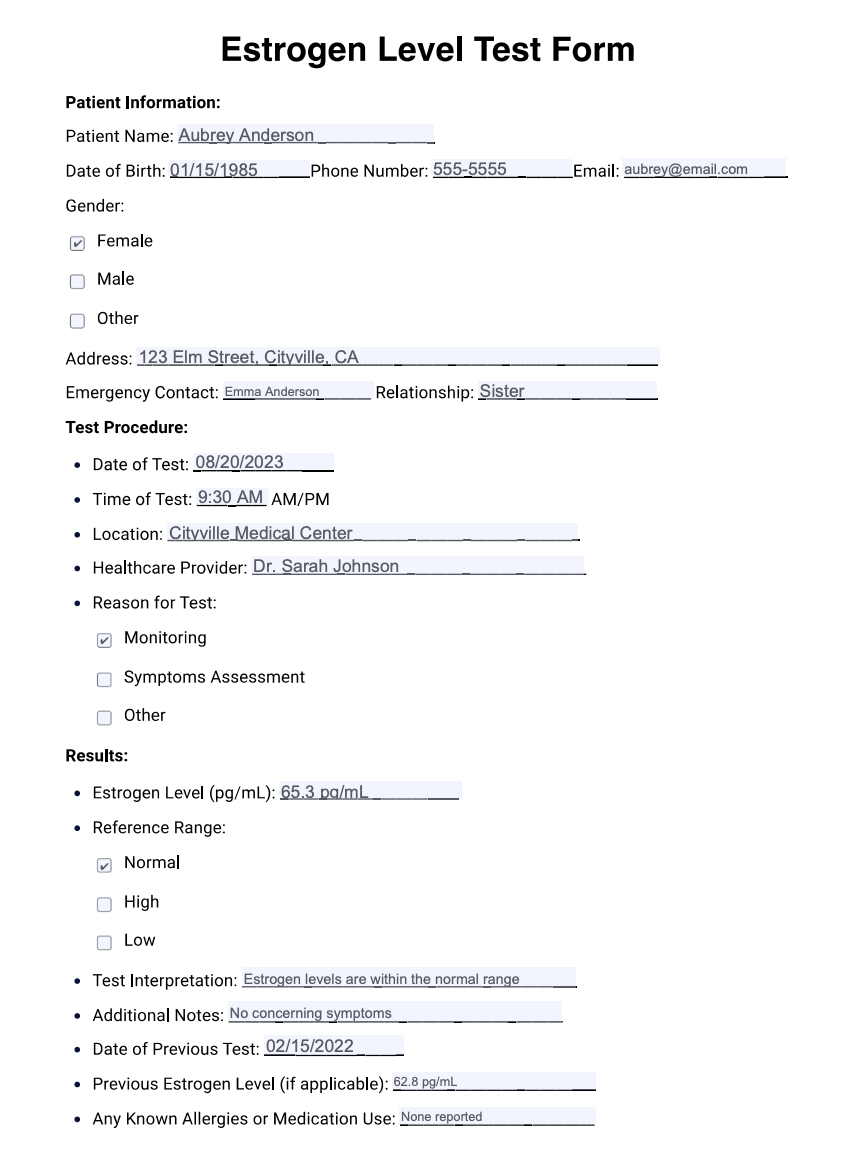 Estrogen Levels Test Example (sample)