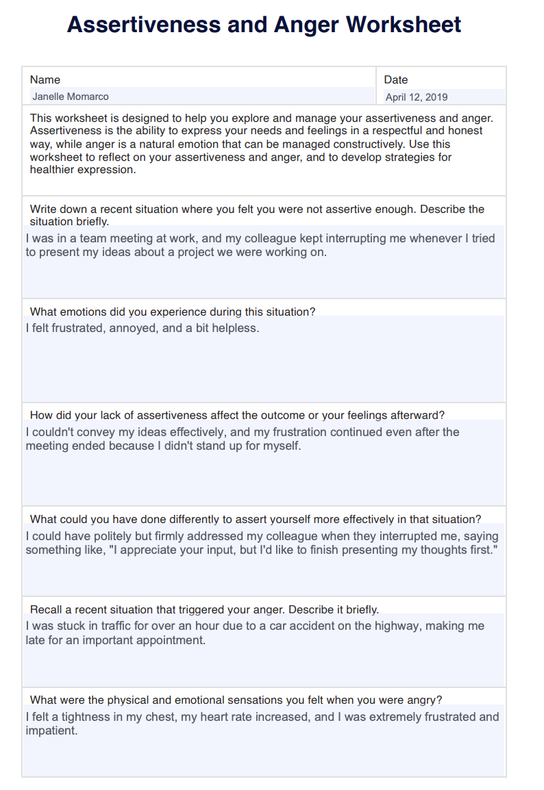 Assertiveness and Anger Worksheet Example