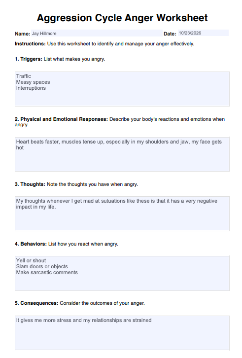 Aggression Cycle Anger Worksheet Example