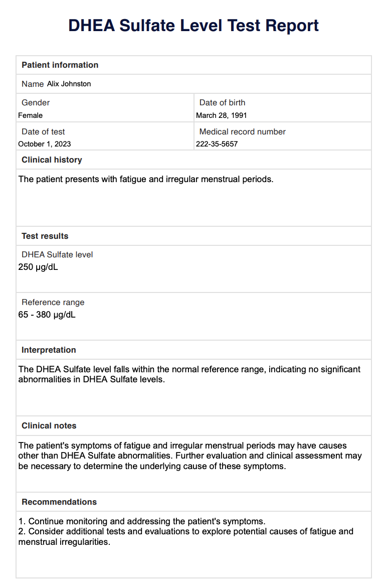 DHEA Sulfate Test Report Example (sample)