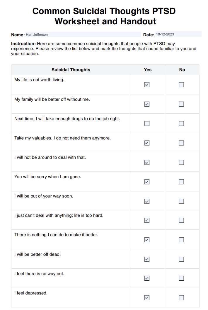 Common Suicidal Thoughts PTSD Worksheet and Handout Example
