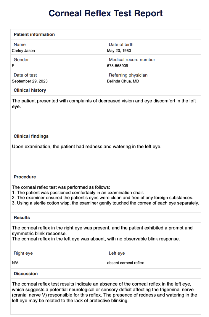 Corneal Reflex Test Report Example (sample)