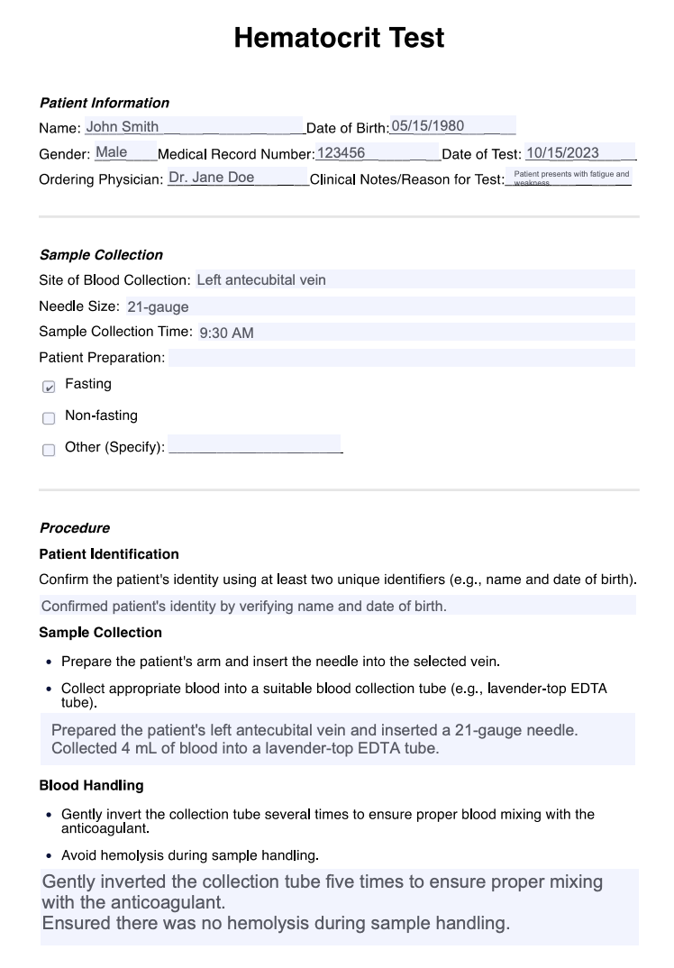 Hematocrit Test Example (sample)