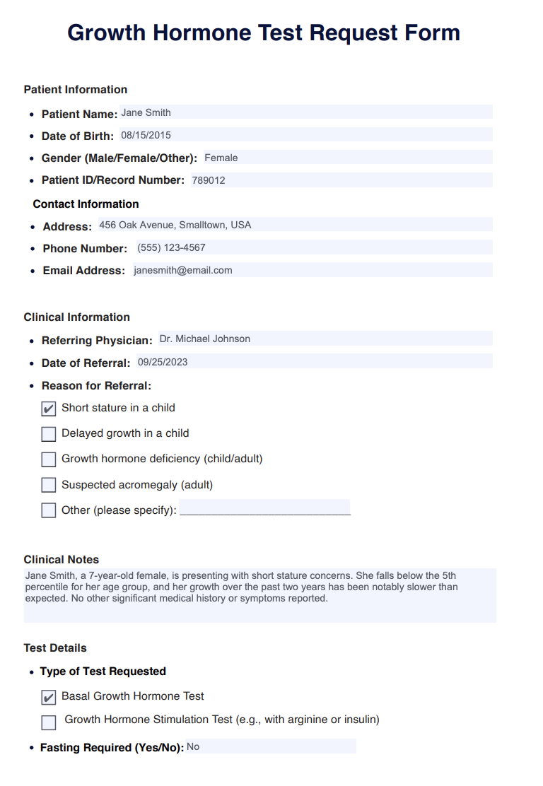 Growth Hormone Test Example (sample)