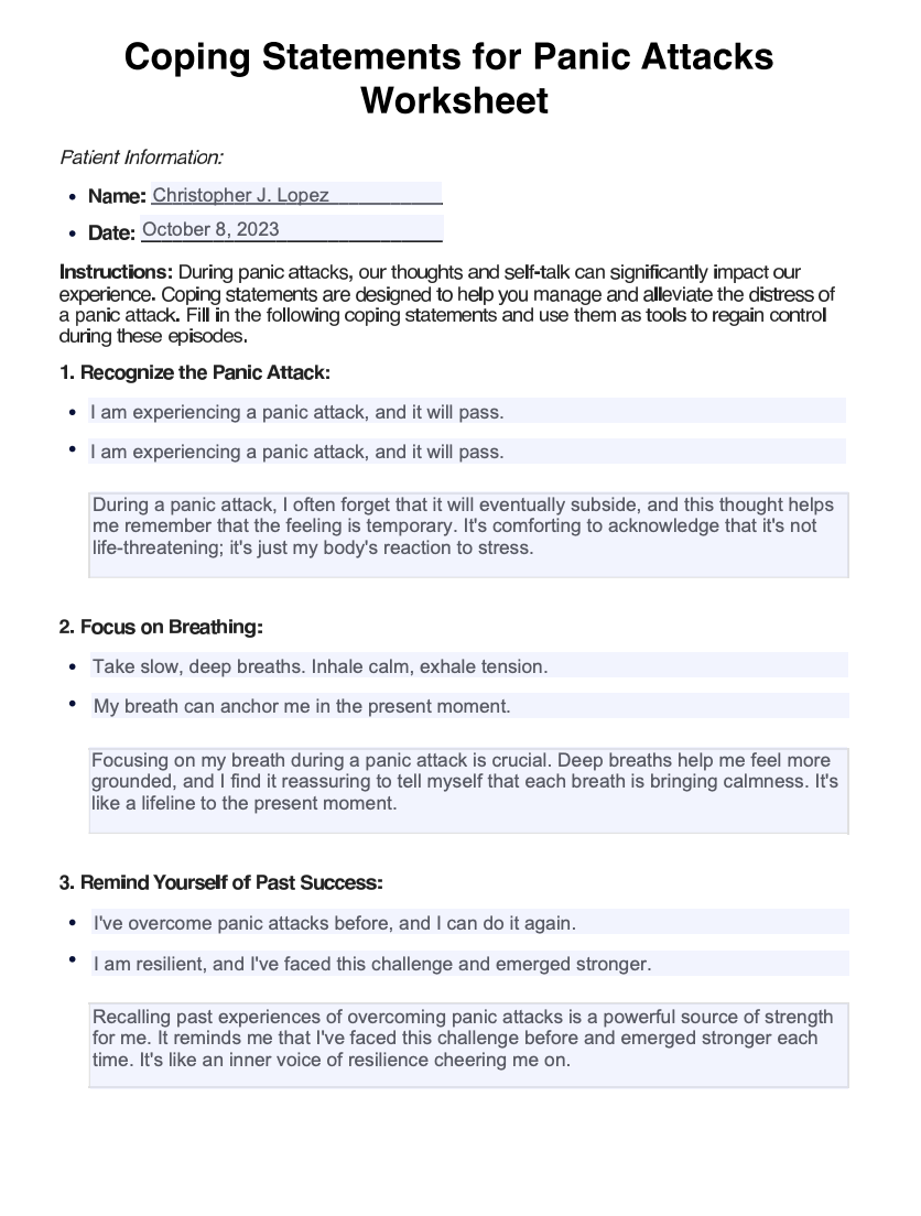Coping Statements for Panic Attacks Worksheet Example